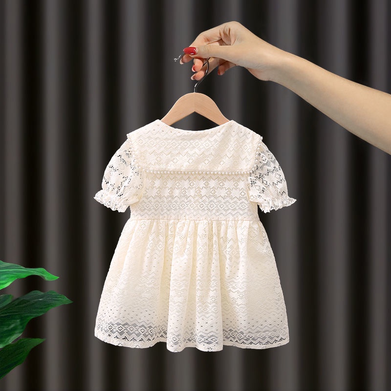 Đầm công chúa phối ren lưới màu trắng mới thời trang mùa hè Hàn Quốc cho bé gái