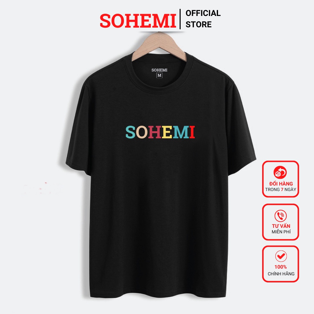 Áo thun nam SOHEMI họa tiết LOGO 7 SẮC CẦU VÒNG màu đen trắng cổ tròn vải cao cấp co giãn 4 chiều