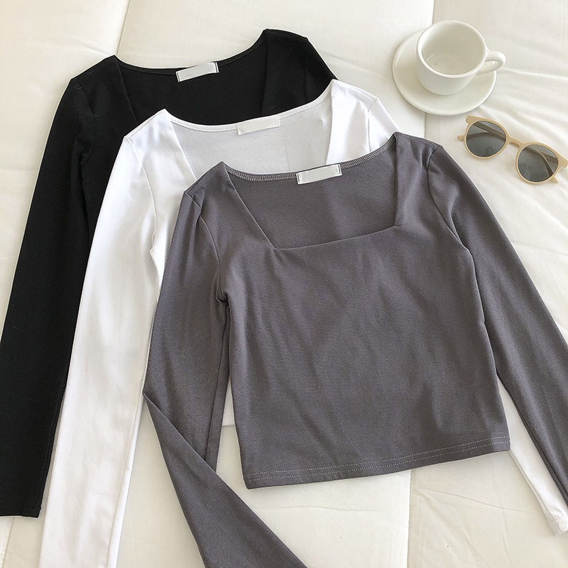 Cocory vn Áo Croptop Dài Tay Cổ Vuông Màu Trơn Dễ Phối Đồ Cho Nữ