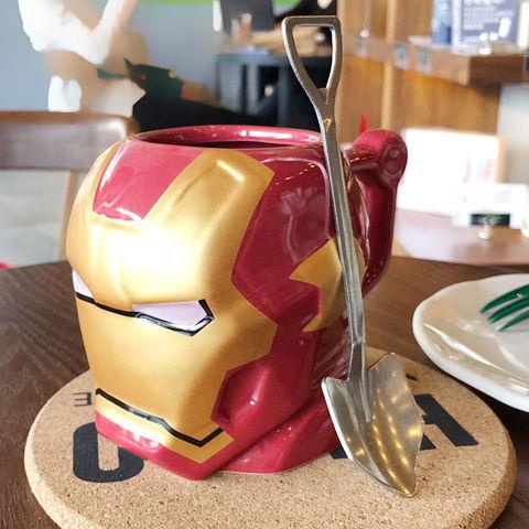 Cốc sứ dung tích lớn in họa tiết hoạt hình Marvel Iron Man kèm nắp đậy cá tính cho nam