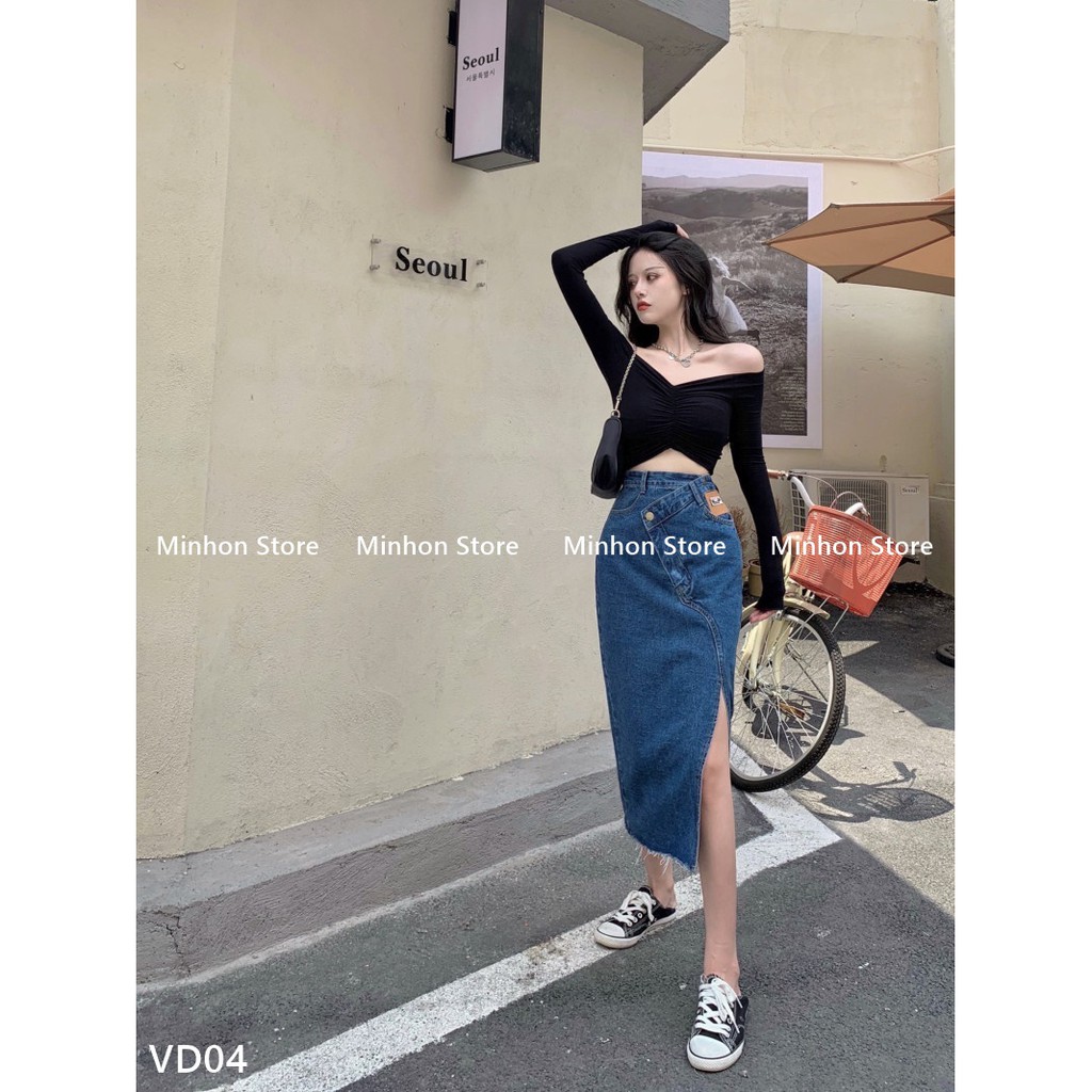 Đầm Bò, Chân Váy Jean Nữ Dài Xẻ Tà Cạp Cúc Lệch Phá Cách, Cá Tính (Minhon Store VD04)