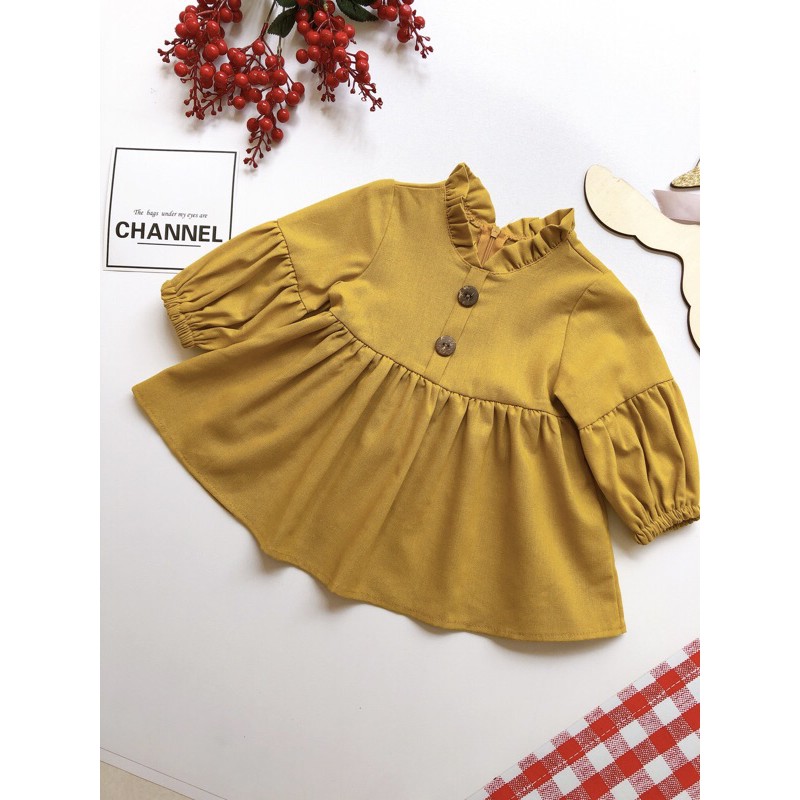 Váy Bèo Cổ Vàng Cốm Bé Gái 4 Đến 30kg, Đầm Bé Gái Chất Linen Bột Mềm Mát [A153]