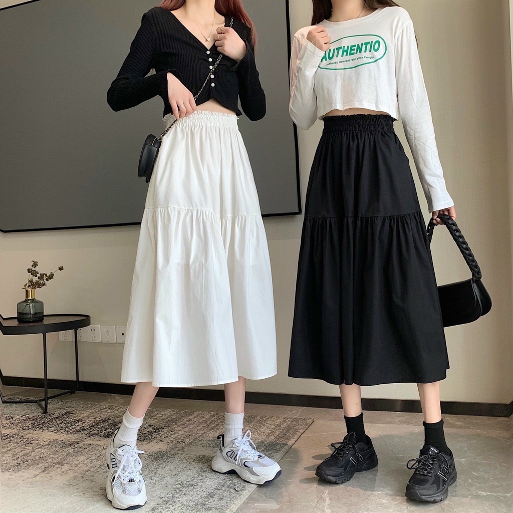 Chân váy dài Ulzzang nữ, chân váy Midi xếp ly 2 tầng kiểu mẫu siêu hot