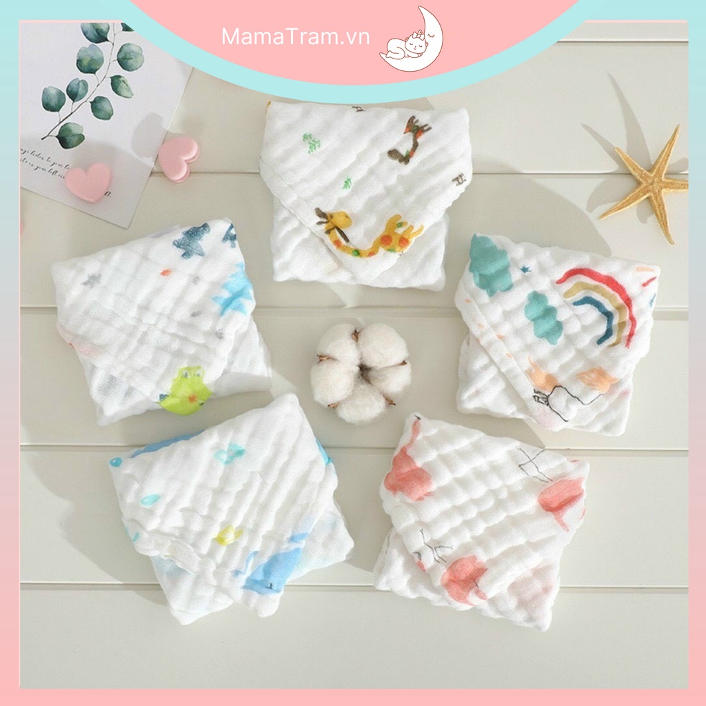 Set 5 Khăn Sữa Xô Mềm 6 Lớp KILUTA Kích Thước 26*26cm Nền Trắng Họa Tiết