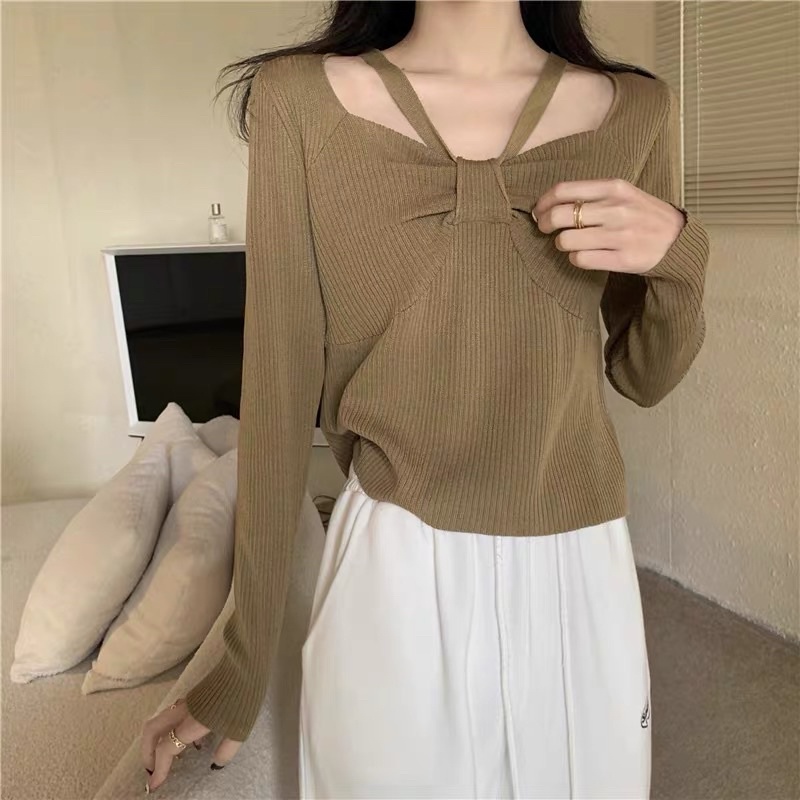 áo len dệt kim nơ ngực (56310#)