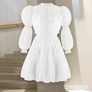 Váy liền tơ xòe co giãn 3 tầng trắng tingoan DARK BLOOM DRESS/WH FREESIZE