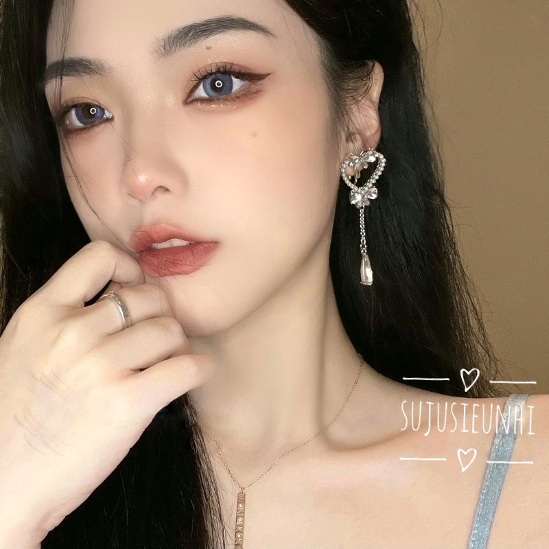 Khuyên tai trái tim nơ đá thả dài nữ tính