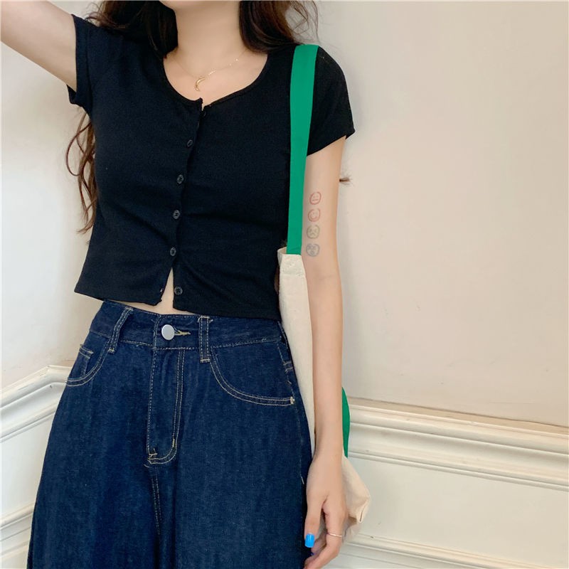 Top short nữ trong mùa hè phiên bản Hàn Quốc của cô bé bỉm sữa Chặt chẽ- phù hợp áo phông cardigan ngắn tay với