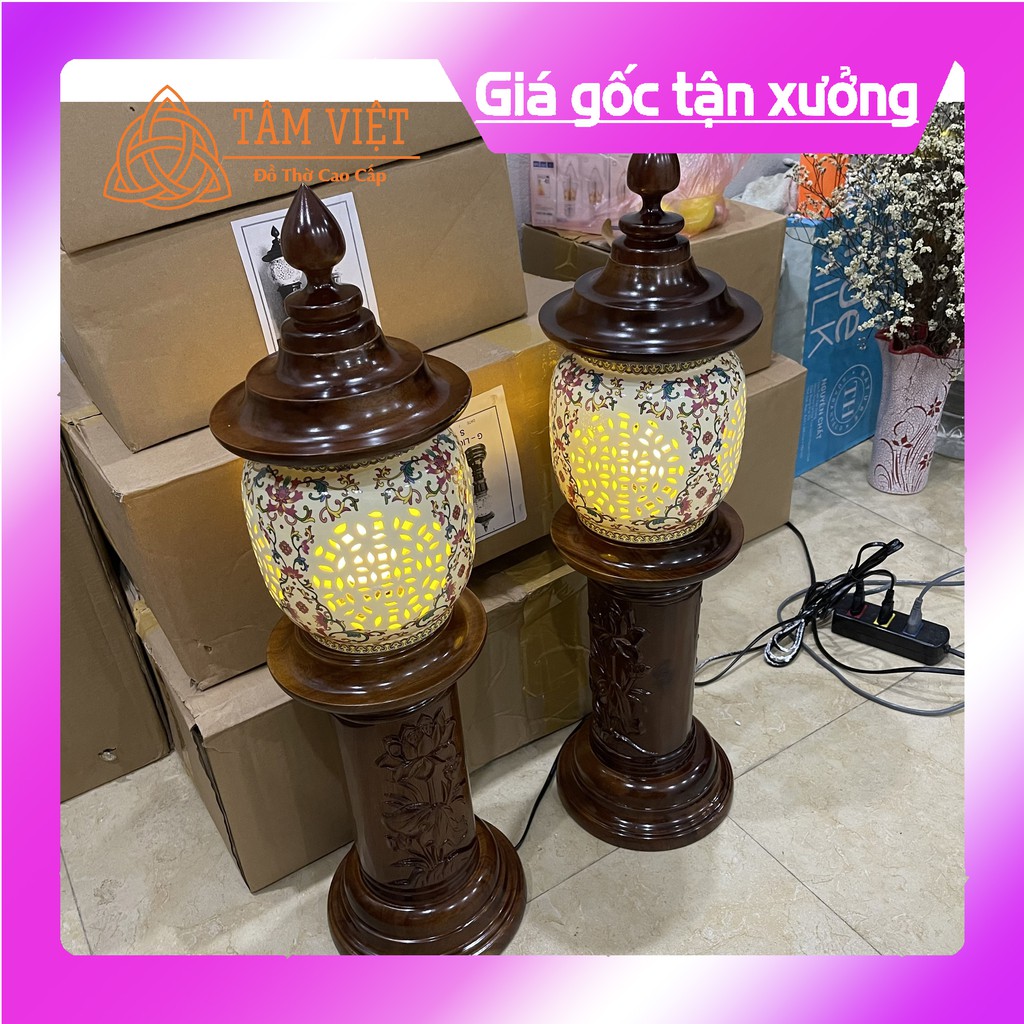 (ĐÈN THỜ GỖ GỤ CAO CẤP 100%) Trạm Khắc Hoa Sen Sứ