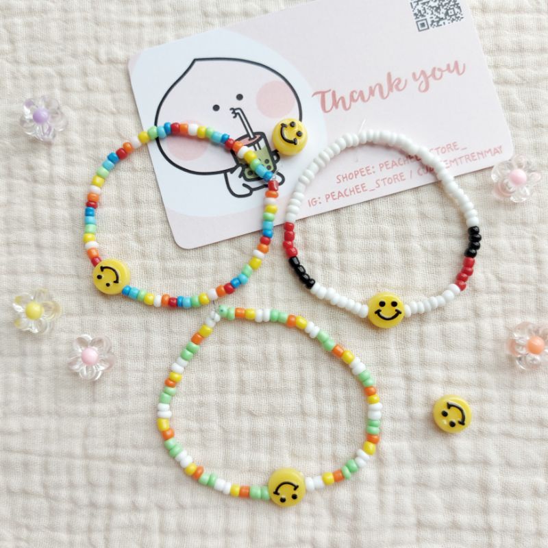 🙂 Vòng tay hạt cườm nhựa handmade nhiều màu kèm charm mặt cười, hình tim