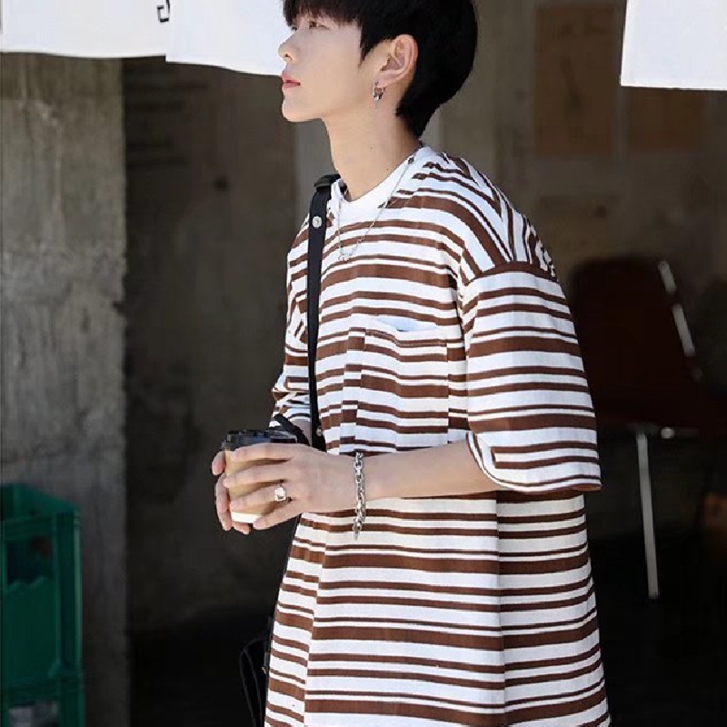 Áo Thun Dáng Rộng Họa Tiết Kẻ Sọc Phong Cách Hip Hop Nhật Bản Thời Trang Mùa Hè Cho Nam size M-2XL