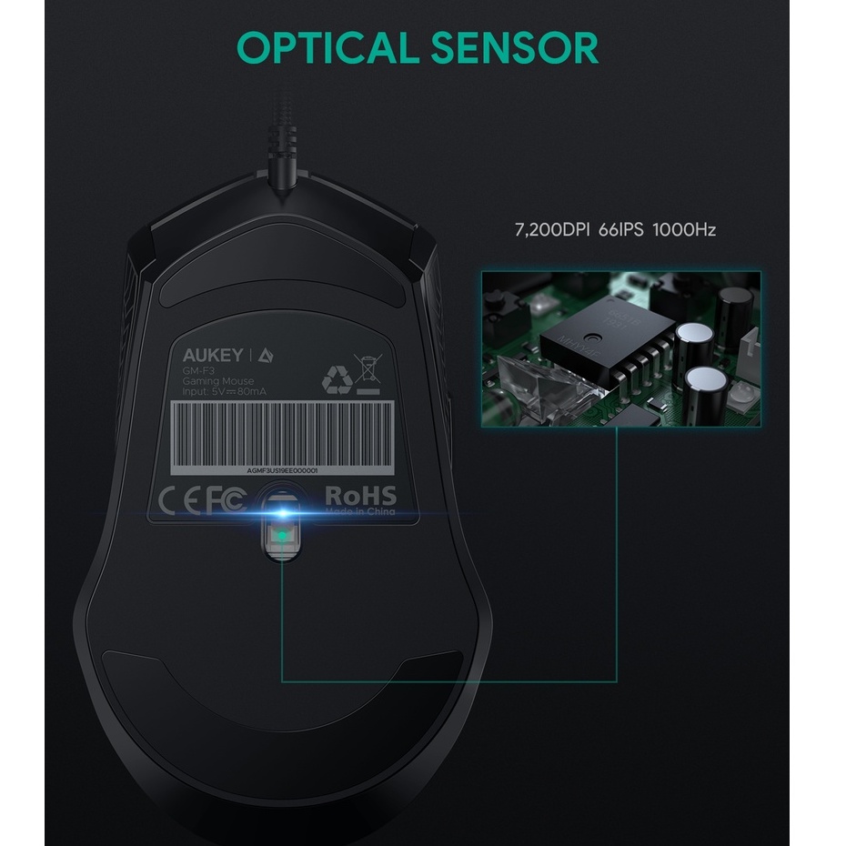Chuột máy tính dây AUKEY GM-F3 chuột Game Silent-giảm ồn ,6 Nút lập trình, chuột máy tính RGB 7200 DPI Cho PC Laptop