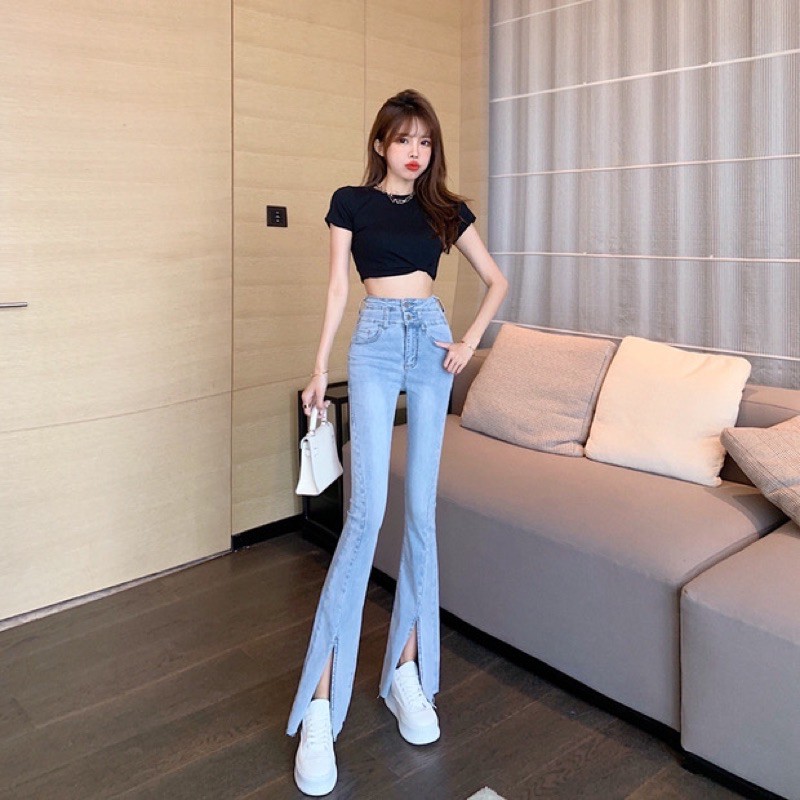 Quần bò jeans ống loe ulzzang xẻ gấu lưng cao