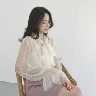 Áo voan kiểu đính ngọc phối nơ
