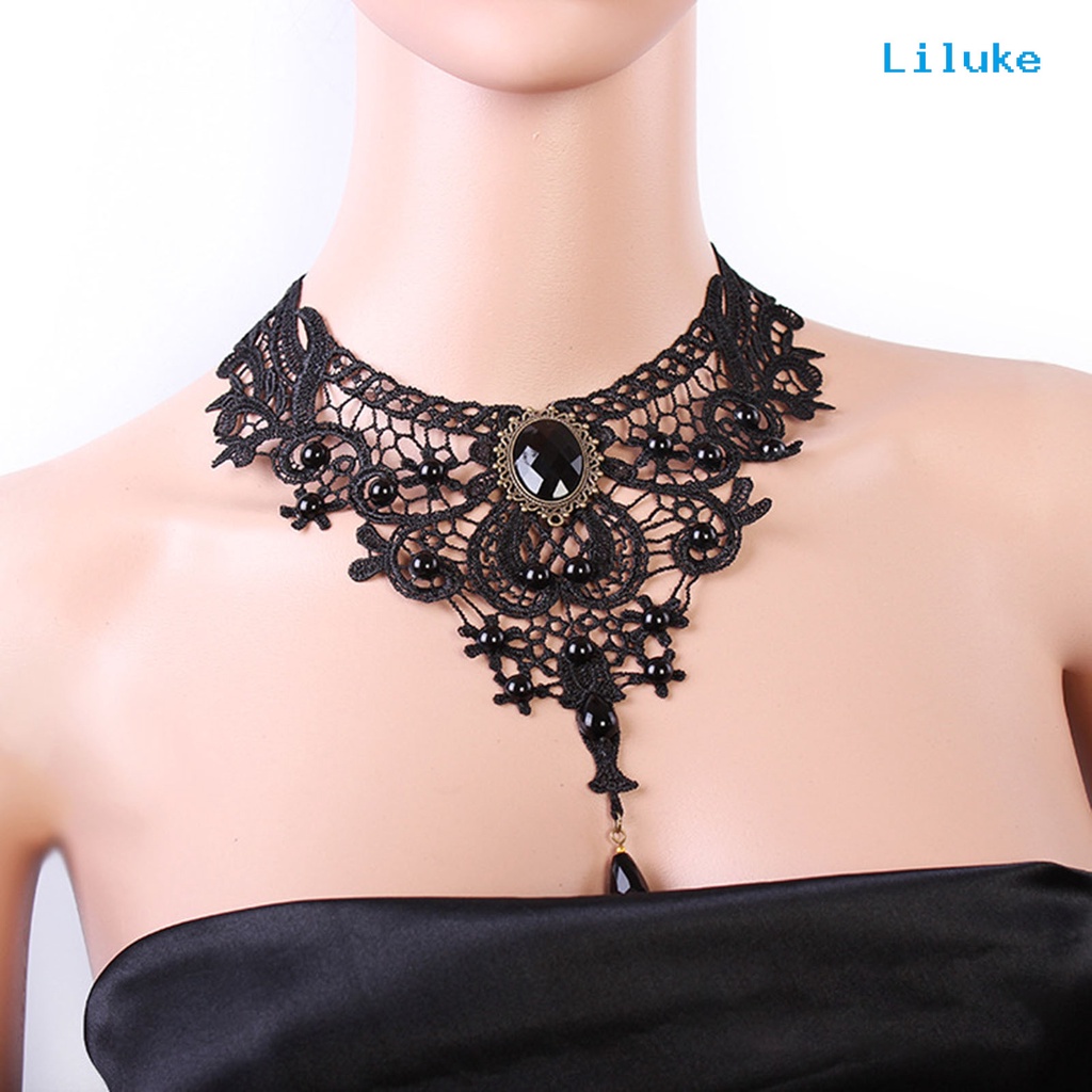 Vòng Cổ Choker Ren Màu Đen Đính Hạt Xinh Xắn Cho Nữ