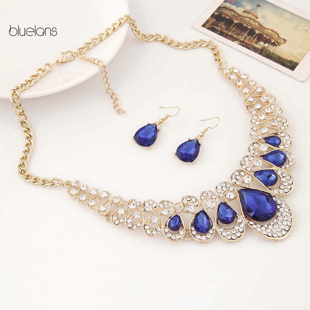 Bộ Trang Sức Dây Chuyền + Bông Tai Hình Giọt Nước Bằng Hợp Kim Đính Đá Nhân Tạo Màu Sắc Tươi Sáng Thời Trang Cho
