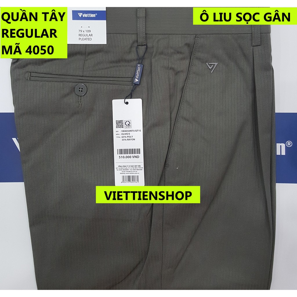 (4050 QTR) QUẦN TÂY VIỆT TIẾN CÓ LY MÀU Ô LIU SỌC GÂN FORM THOẢI MÁI, RỘNG RÃI REGULAR