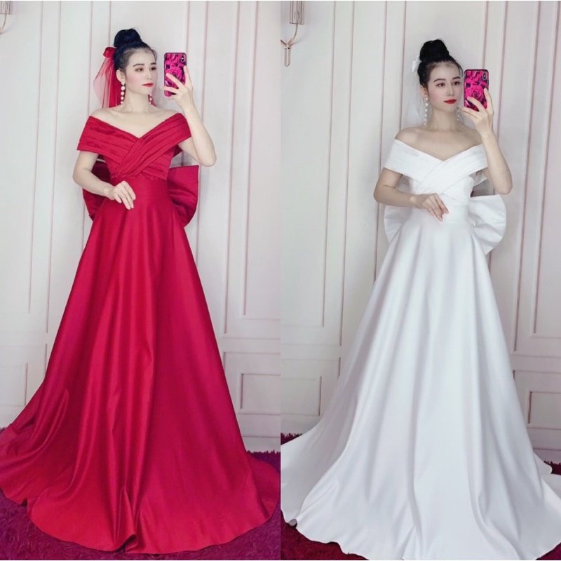 ĐẦM CƯỚI BẸT VAI XẾP LY KÈM NƠ LƯNG ĐUÔI THƯỚT THA fullsize S/M/L/XL ( trắng và đỏ ) viideo và ảnh do chủ tự quay 10000%