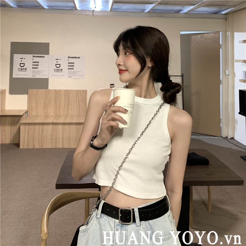 Kumikumi HUANG YOYO Áo Hai Dây Mỏng Cổ Tròn Nhỏ Thời Trang Hàn Quốc Cho Nữ