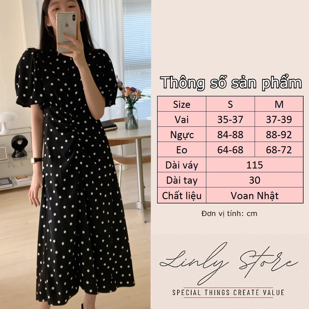 Váy chấm bi dáng suông dài Linly Store chất lụa nhật V-BT