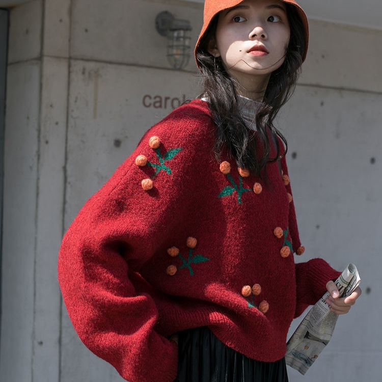 Áo sweater dệt kim cổ tròn họa tiết quả anh đào xinh xắn thời trang trẻ trung ngọt ngào