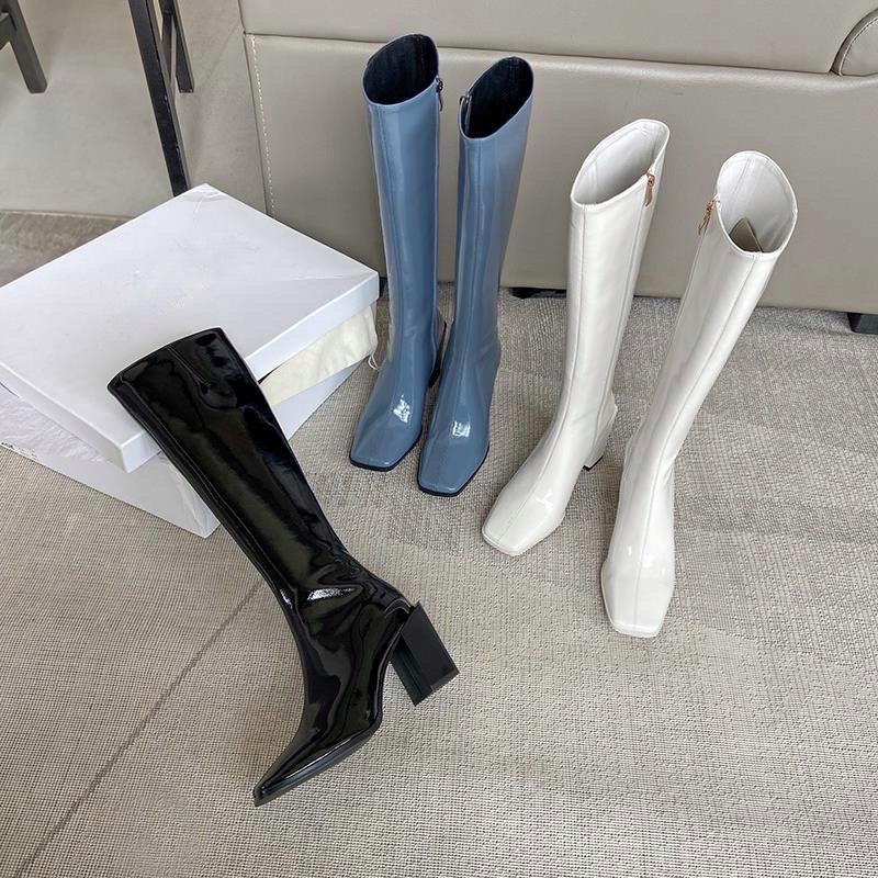 Bốt đùi dáng dài da bóng gót trụ to khóa cạnh đen kem - 7P
