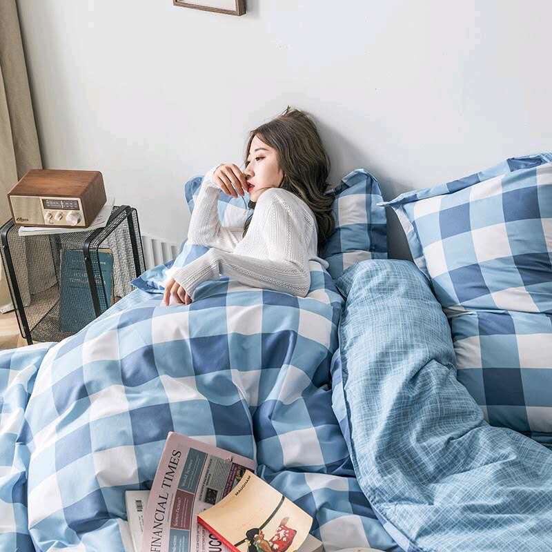 Bộ chăn ga gối Cotton Poly M2T bedding chăn ga Hàn Quốc kẻ ô xanh to đủ size miễn phí bo chun