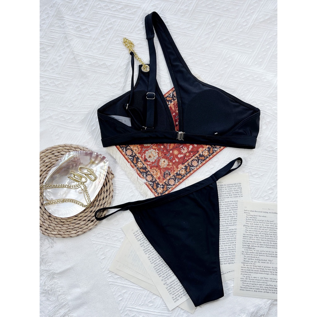 [BKN1600] &lt;ÂU&gt; SET BIKINI ĐEN LỆCH VAI MIX XÍCH