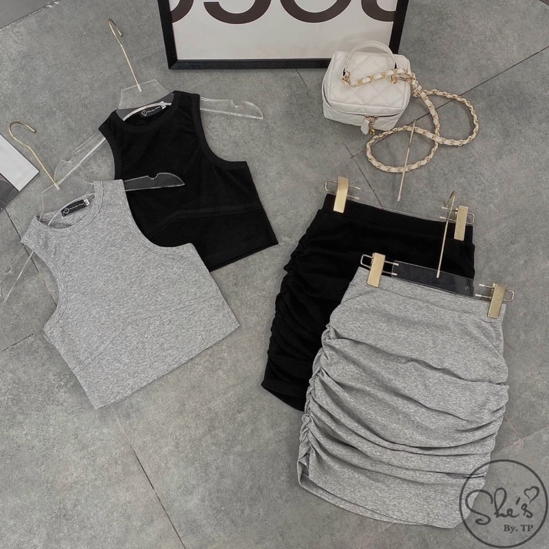 [HÀNG CHUẨN] Set bộ áo ba lỗ chân váy nhún hông sẵn mút ngực siêu xinh