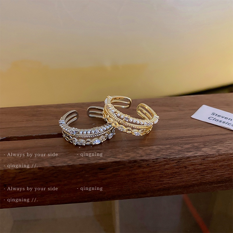 DREJEW Nhẫn nhiều lớp ngọc trai zircon khạm ngọc trai siêu nhỏ đơn giản phong cách Hàn Quốc thời trang