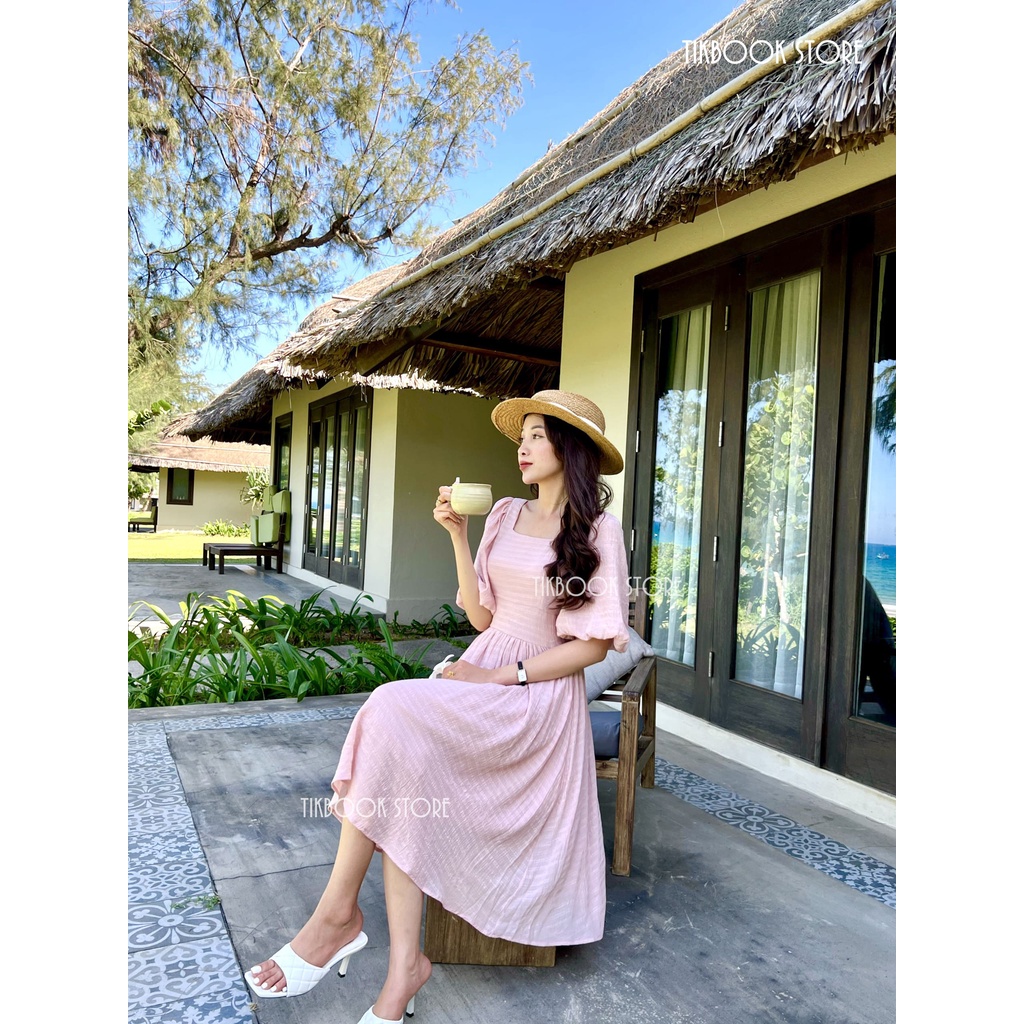 Có sẵn- Váy hè tay bồng, đầm cổ vuông dáng dài- Tikbook Store
