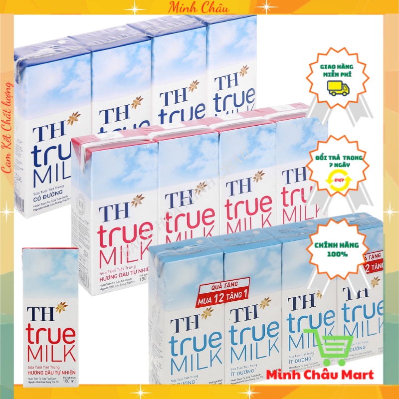 Sữa Th True Milk / Sữa Tươi Tiệt Trùng Có Đường/ Í Đường/ Hương Dâu 180ml Lốc 4 Hộp