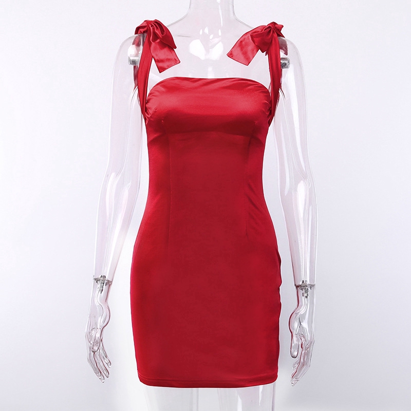 Sexy Women Knot Sling Plain Off Shoulder Sleeveless Casual Midi Dress