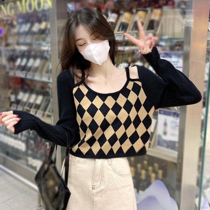 Áo sweater dệt kim tay dài phối màu thời trang cho nữ