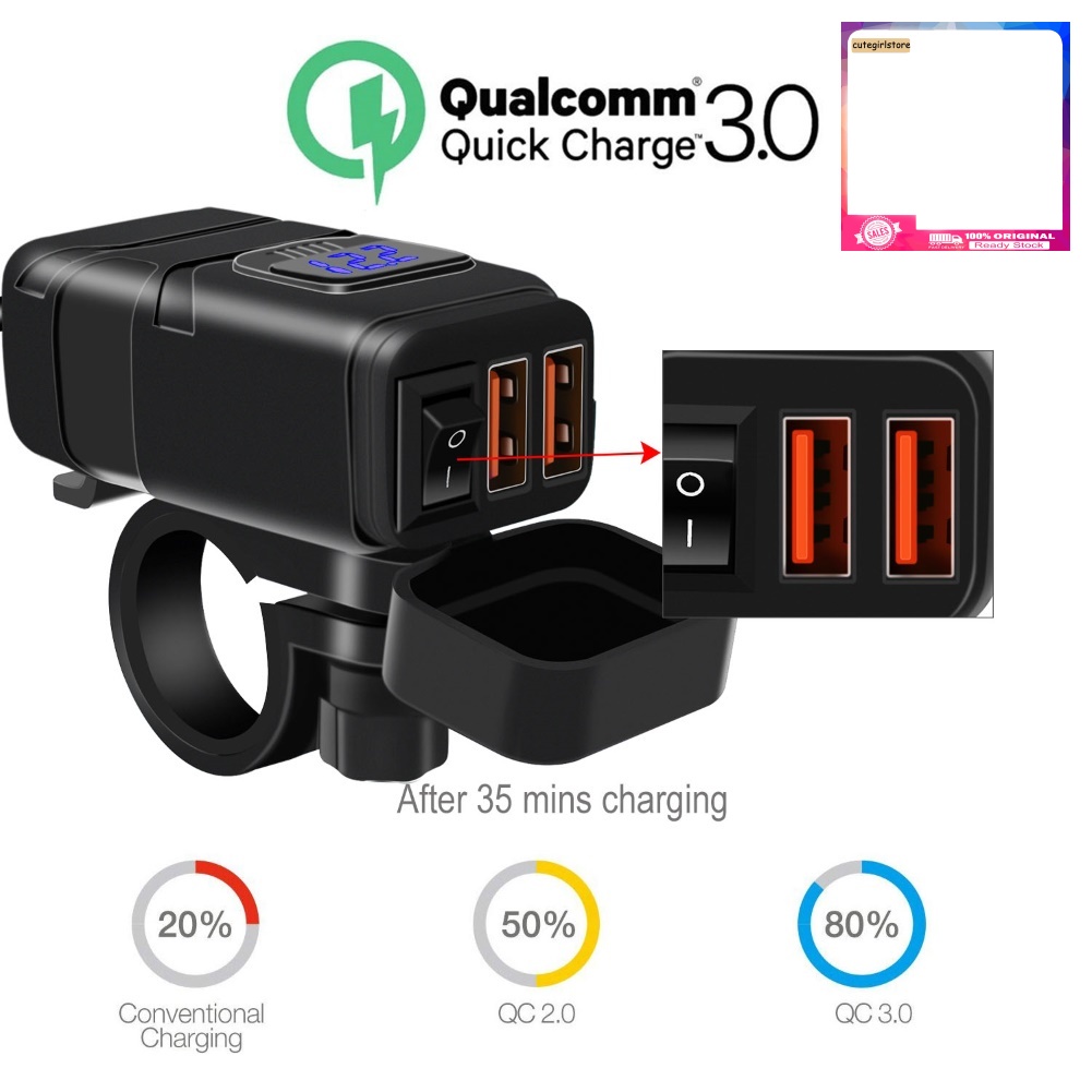 Cốc Sạc Nhanh QC3.0 Hai Cổng USB Có Vôn Kế Cho Xe Máy