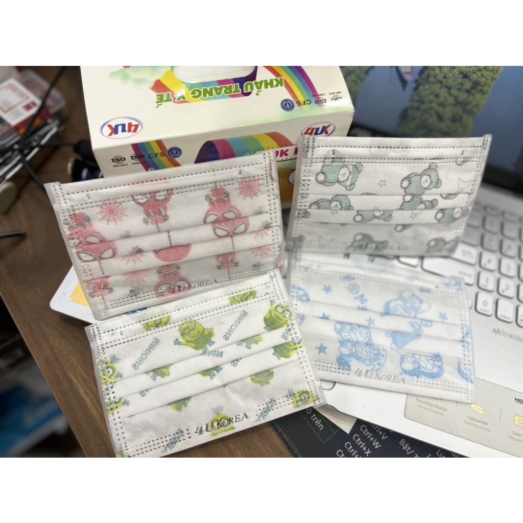KHẨU TRANG 4U KOREA HỘP 50 CÁI IN HỌA TIẾT CHO BÉ TỪ 5-12 TUỔI (DOREMON, NGƯỜI NHỆN, GẤU, Minions)