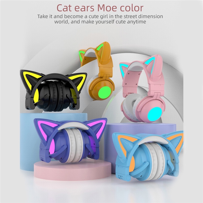 Tai Nghe Chụp Tai Hình Tai Mèo Dễ Thương Màu Hồng Có Kết Nối Bluetooth Kèm Mic Chống Ồn Cho Điện Thoại Android