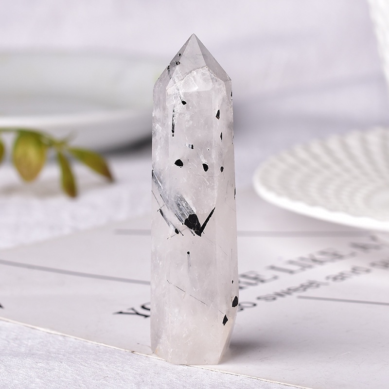 Trụ đá Black Tourmaline Quartz trắng tóc đen dùng trong thiền định và thanh tẩy (4-5cm)