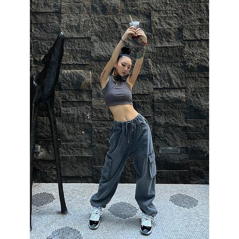 ♈♧Quần Yếm Jean Lưng Cao Ống Rộng Màu Xám Phong Cách Hip Hop Thời Trang Mùa Thu Mới Cá Tính Cho Nữ