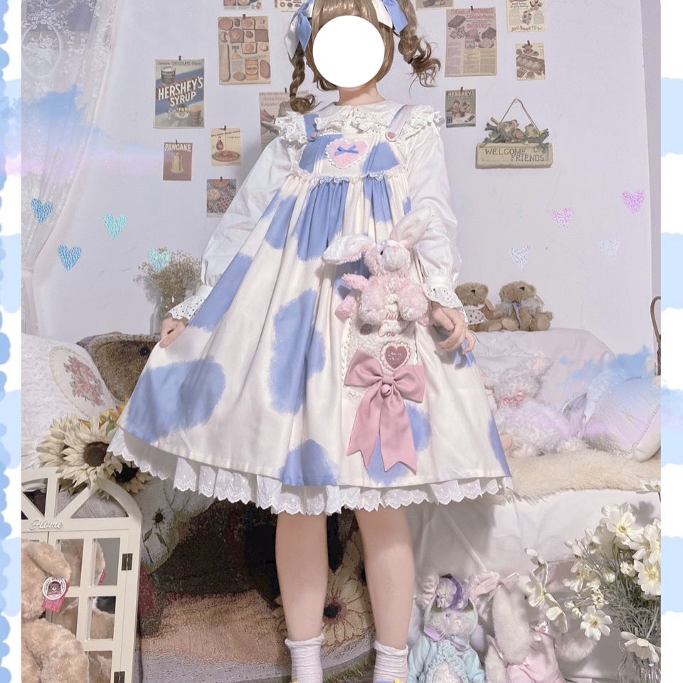 ♛❂Cacao chính hãng bò mô hình in bánh sữa nhỏ váy lolita váy jsk dây treo