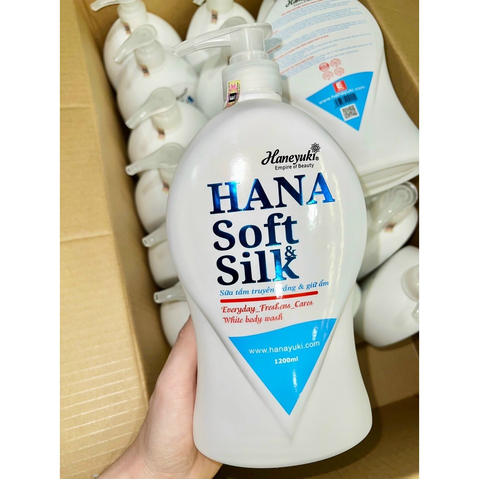 Chai sữa tắm truyền trắng Hana soft silk chai lớn 1200ml, dưỡng ẩm, kích trắng da