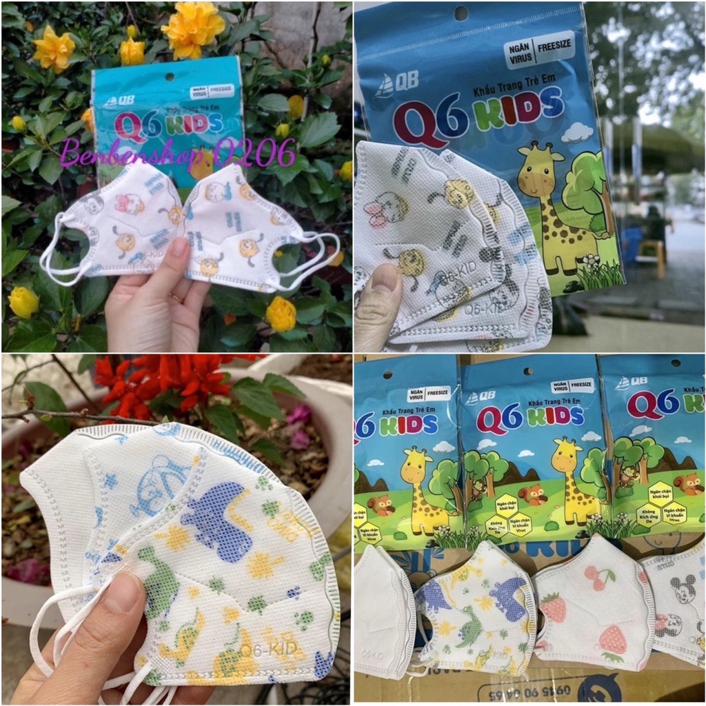 Khẩu trang Kháng Khuẩn 6D/Q6 Kids hoạ tiết ngẫu nhiên cho bé trai/gái từ 2-7 t Chính Hãng Ôm mặt dễ thở 4 lớp