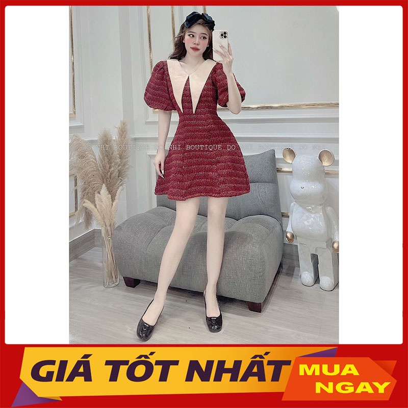 Đầm Nữ Chất Dạ Tweed Phối Cổ Vạt Trắng Hàng Quảng Châu M5866
