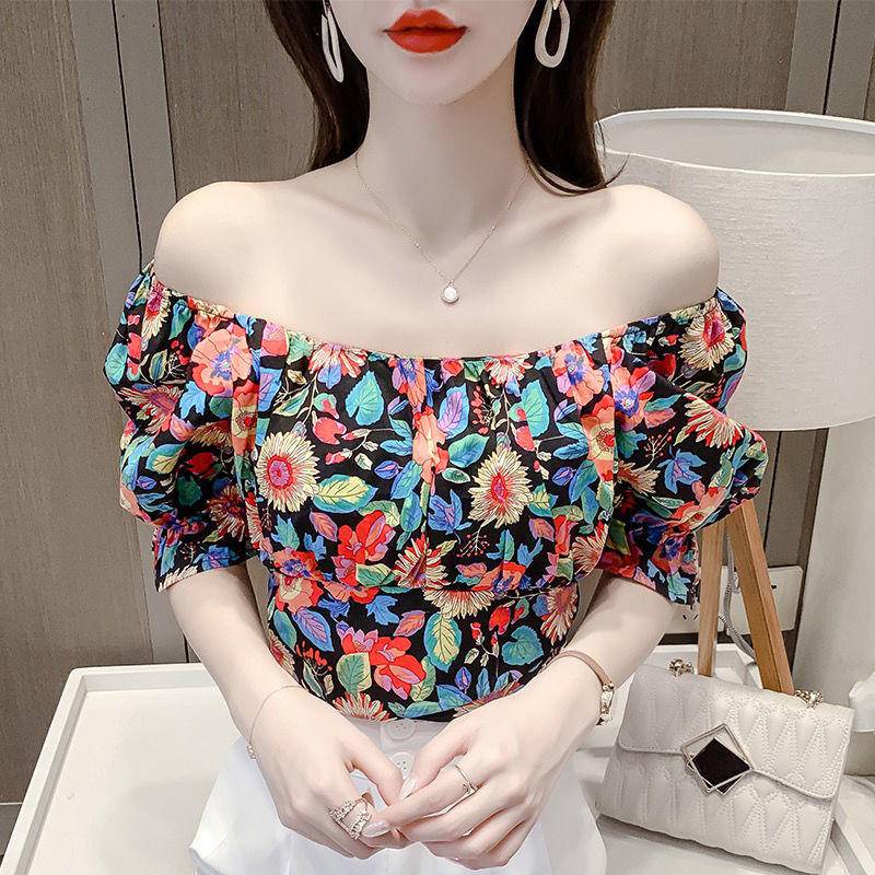 Áo Trễ Vai Họa Tiết Hoa Thắt Nơ Phong Cách Retro Quyến Rũ Cho Nữ