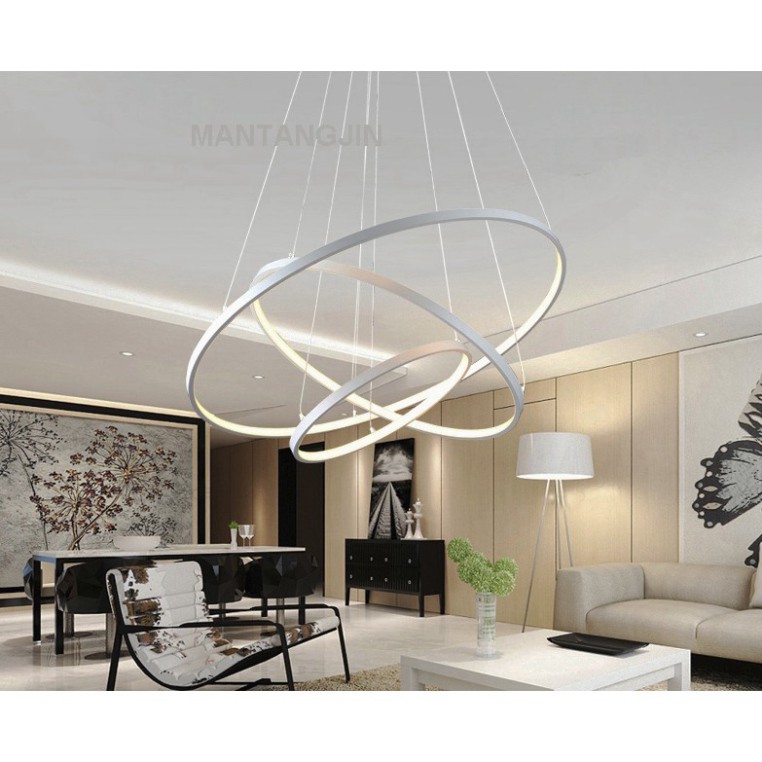 Đèn Thả Trang Trí - Đèn Thả Trần Không Gian Led TBD898 Hình Tròn 3 Vòng Viền Trắng, 3 Chế Độ Ánh Sáng - Điều Khiển Từ Xa