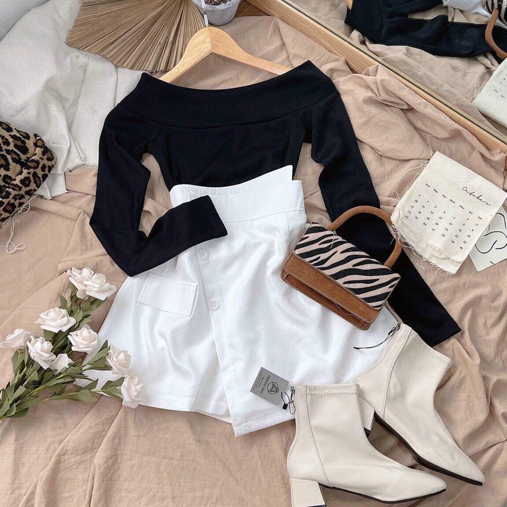 SET Áo bẹt vai kèm Chân váy nhung tăm chéo NÀNG CLOSET