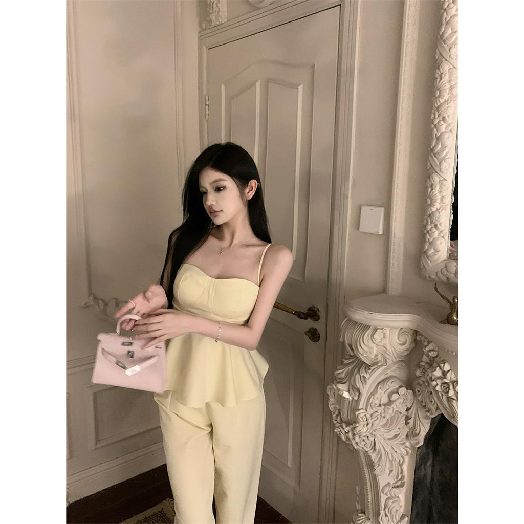 Set Áo Hai Dây + Quần Dài Ống Rộng Lưng Cao Thời Trang Cho Nữ