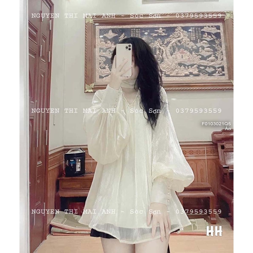 Áo sơ mi tơ óng hai lớp hở cổ kết hạt cột nơ sau tay dài!