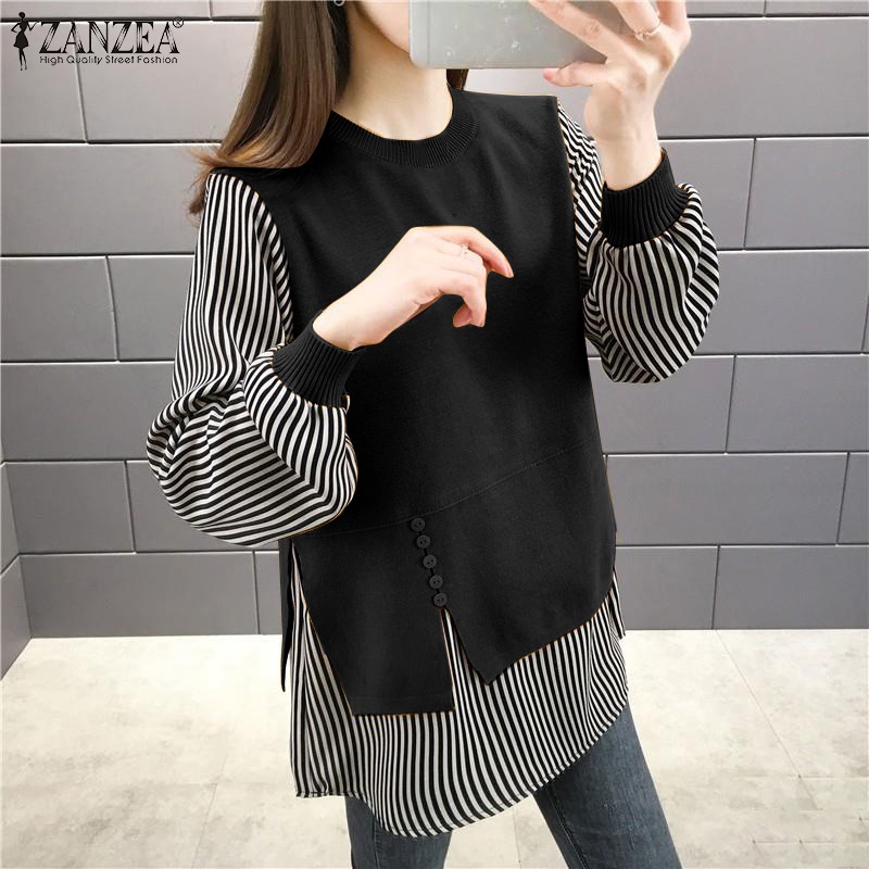 Áo ZANZEA họa tiết kẻ sọc dáng rộng cổ tròn tay áo dài thời trang cho nữ