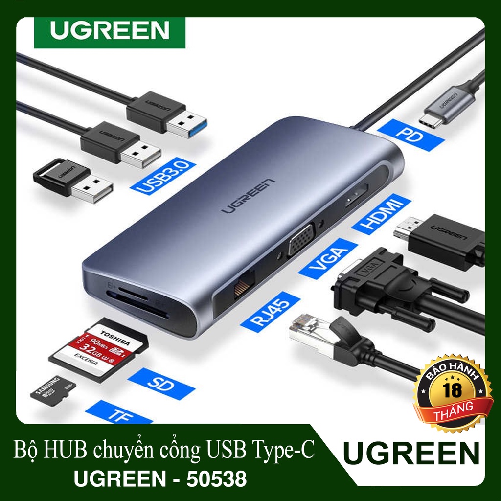 Hub chuyển cổng USB Type-C ra USB 3.0 / HDMI / VGA / RJ45 / TF/SD Card l UGREEN 50538